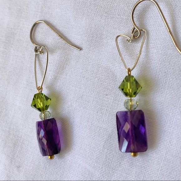 Heart w Amethyst Stone Drops Earrings - Picture 2 of 5